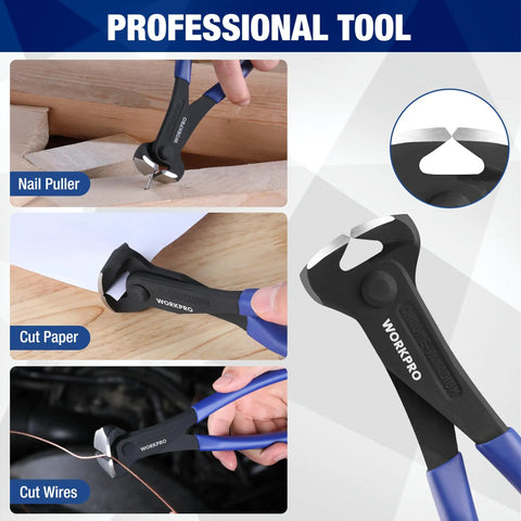 8 Inch Nail Puller End Cutting Pliers With Laser Hardened Edge For Clean Cuts Rustproof CR V Steel Heavy Duty Nail Extraction Tool For Construction And Home Improvement Projects, shown pulling nails and cutting wire