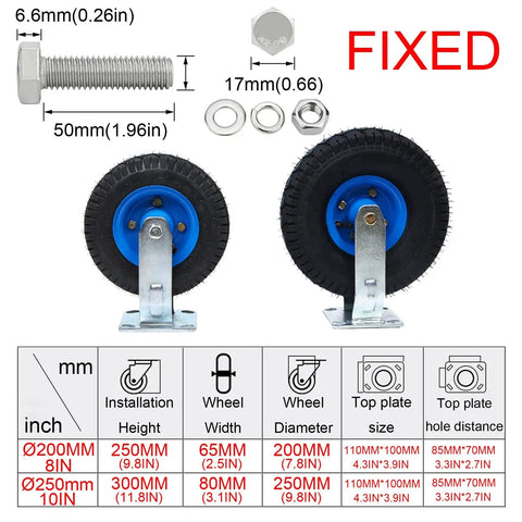 Heavy Duty Rubber Wheel Casters With Pneumatic Tires And Swivel Brake showing fixed design, solid rubber tires, and galvanized brackets.