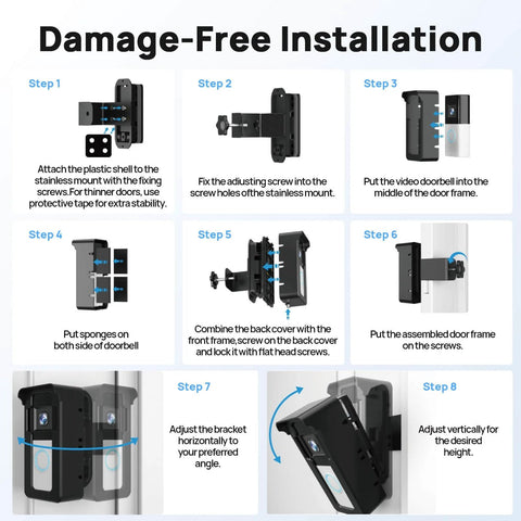 Step-by-step installation guide for No Drill Doorbell Mount For Ring And Blink Cameras With Three Way Adjustment Lets You Aim Left Right And Down Up To 40 Degrees For A Crystal Clear View Of Packages And Home Security In Any Home Or Apartment Black.