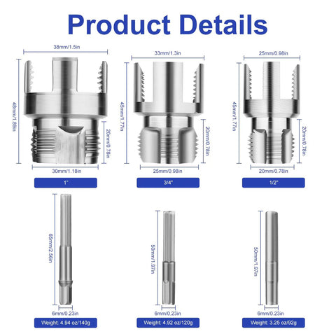 Diagram of Dual Function PVC Pipe Threader Kit With Internal And External Threading For One Half Inch, Three Quarter Inch, And One Inch PVC Pipes