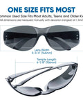 Diagram of Bulk Pack 48 Tinted Safety Glasses With Dark Smoke Lenses For UV400 Protection, showing lens size and dimensions.