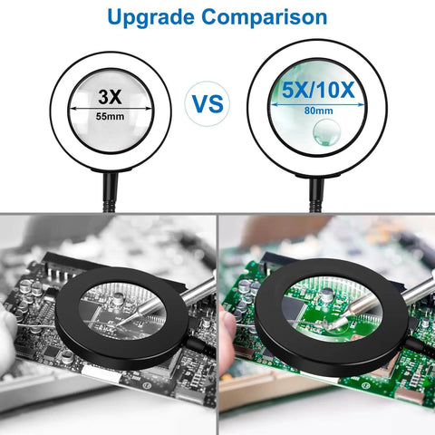Comparison of magnifying lamps, showing 3X 55mm lens vs 5X/10X 80mm lens with LED Magnifying Lamp With Flexible Gooseneck 5X And 10X Lenses 3 Color Modes Soldering Helping Hands Base Station For DIY Projects Crafting And Tiny Detail Work