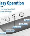 Portable Twin Tub Washing Machine With Drying Rack And Ten Hangers, 12 Lb Washer Plus 7 Lb Spinner control panel showing wash and spin timers.