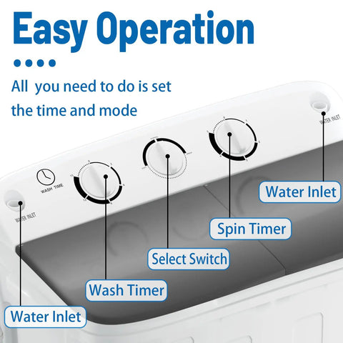 Portable Twin Tub Washing Machine With Drying Rack And Ten Hangers, 12 Lb Washer Plus 7 Lb Spinner control panel showing wash and spin timers.