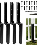 Battle Ready Four Pack Fence Post Repair Kit With One Piece Galvanized Steel Anchors And Rust Resistant Stakes For Tough Backyard Setups And Efficient Outdoor Fixes showing four black steel anchors and screws.