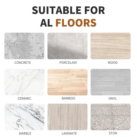 Image showing various floor types suitable for use with Adjustable 55 Inch Outdoor Broom For Pet Hair Removal And Heavy Duty Floor Cleaning Indoors And Outdoors A Real Workhorse For Garage Patio Snow And Industrial Use With Split Tip Bristles, including concrete, porcelain, wood, ceramic, bamboo, vinyl, marble, laminate, and ston.