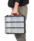 Person holding 16 Compartment Detachable Toolbox Organizer With Removable Sections And Clear Lid For Easy Sorting Of Screws Bolts Nuts And Small Parts For Diyers And Home Pros Portable Carrying Storage Case With 14 Small Boxes And 2 Large Boxes For Toys
