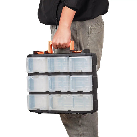 Person holding 16 Compartment Detachable Toolbox Organizer With Removable Sections And Clear Lid For Easy Sorting Of Screws Bolts Nuts And Small Parts For Diyers And Home Pros Portable Carrying Storage Case With 14 Small Boxes And 2 Large Boxes For Toys