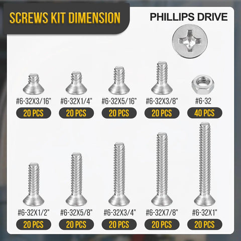 Flat Head Nuts And Bolts Set 220 Piece Assortment Kit With Silver Hardware Includes Thread Size Six By Thirty Two Screws In Lengths Three Sixteenths To One Half Inch Perfect For Home Auto And DIY Projects, #6-32 flat head screws and nut sizes