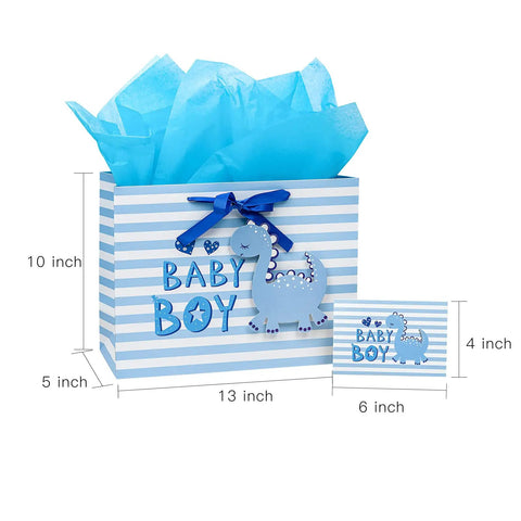 Blue Dinosaur Baby Boy Gift Bag With Tissue Paper And Greeting Card Durable Ribbon Handles And Reinforced Bottom 13 By 10 By 5 Inches Perfect For Baby Showers New Parents And More