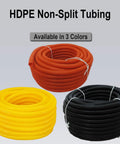 Durable HDPE Non-Split Corrugated Wire Loom Tubing in red, yellow, and black, three coiled colors for heavy-duty cable protection.