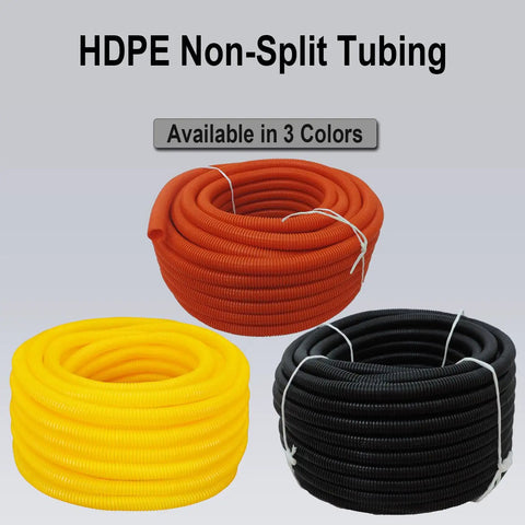 Durable HDPE Non-Split Corrugated Wire Loom Tubing in red, yellow, and black, three coiled colors for heavy-duty cable protection.