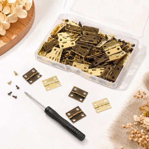 Top Shelf Mini Brass Hinge Kit With Antique And Dope Gold Finishes Includes 240 Screws And Driver For Kickass Diy Crafts with hinges and screws.