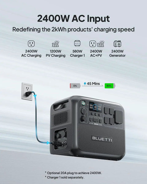 Portable Power Station With 2048Wh LiFePO4 Battery, Expandable To 8192Wh, plugged into wall outlet showing charging speed