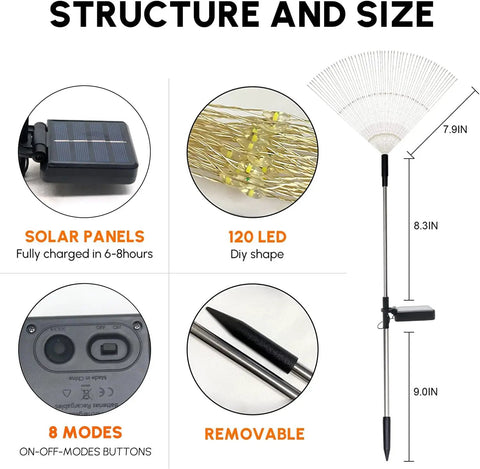 Diagram showing structure and size of Must Have Outdoor Solar Firework Stake Lights With 120 LEDs Waterproof 2 Pack