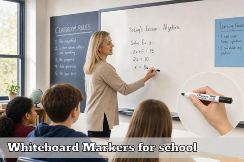 Teacher using 40 Count Black Dry Erase Markers With Low Odor Ink And Chisel Tip For Classrooms And Offices on whiteboard