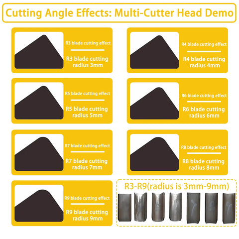 Cutting angle effects of Electric Corner Rounder Machine 50mm Capacity With Safety Guard And Foot Pedal Includes 7 Blades R3 Through R9
