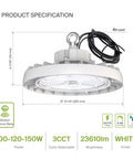 Front view of 150W LED High Bay UFO Light for Warehouse, Garage and Workshop, IP69K Waterproof, 23600 Lumens, White