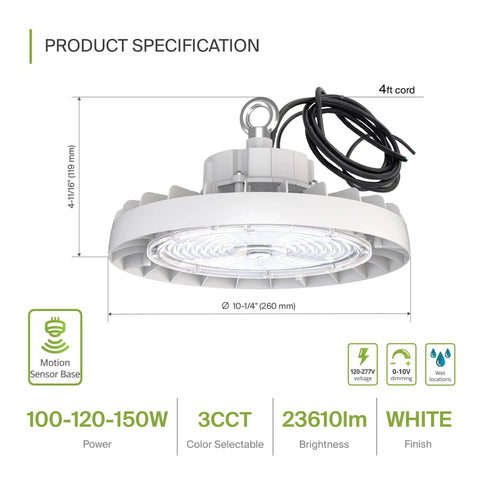Front view of 150W LED High Bay UFO Light for Warehouse, Garage and Workshop, IP69K Waterproof, 23600 Lumens, White