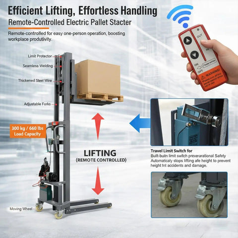 Dope 661 Lbs Electric Pallet Stacker With Adjustable Forks And Remote Control lifting a pallet in a warehouse setting.