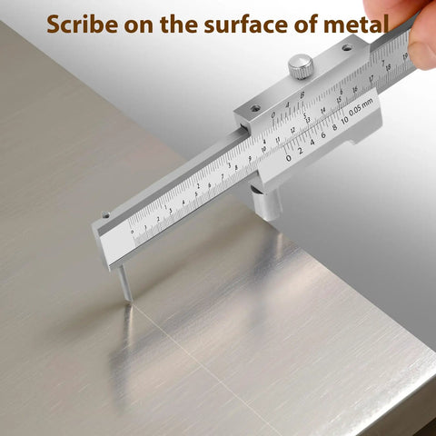Heavy Duty 8 Inch Stainless Steel Scriber Caliper With Raw Hardened Carbide Scribe Needles scribing on metal surface