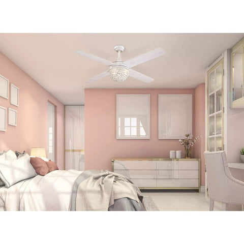 52 Inch Brushed Nickel Indoor Ceiling Fan With Dimmable LED Light Kit, Crystal Jewel Shade in modern bedroom setting