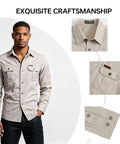 Mens Heavy Duty Mechanic Work Shirt With Custom Crew Logos Heavyweight Cotton Twill Button Up Long Sleeve, beige, front view with pockets.