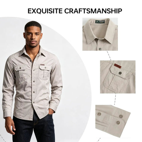 Mens Heavy Duty Mechanic Work Shirt With Custom Crew Logos Heavyweight Cotton Twill Button Up Long Sleeve, beige, front view with pockets.