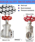 Beefy 304 Stainless Steel Gate Valve 2 Inch NPT Female Thread Rotary Globe Valve with red handle and dimensions shown for water systems.