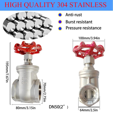 Beefy 304 Stainless Steel Gate Valve 2 Inch NPT Female Thread Rotary Globe Valve with red handle and dimensions shown for water systems.