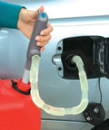 Ontel Turbo Pump automatic liquid transfer pump, gray handheld with clear hose feeding car gas tank from red gas can