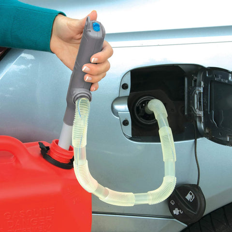 Ontel Turbo Pump automatic liquid transfer pump, gray handheld with clear hose feeding car gas tank from red gas can
