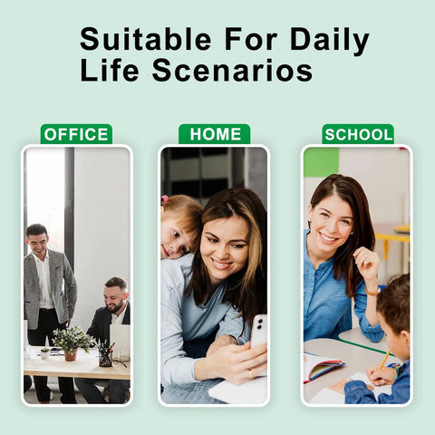 Collage of daily scenarios: office meeting, mother with child at home, woman studying at school.