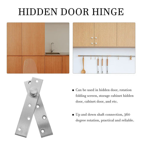 Stainless Steel Pivot Door Hinges Set, Concealed Mounting For Hidden Doors And Folding Screens, product displayed against cabinets