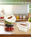 Two Pack Multifunctional Fruit Washing Bowl With Strainer 2 In 1 Drain Basket And Fruit Strainer Container With Lid on kitchen counter