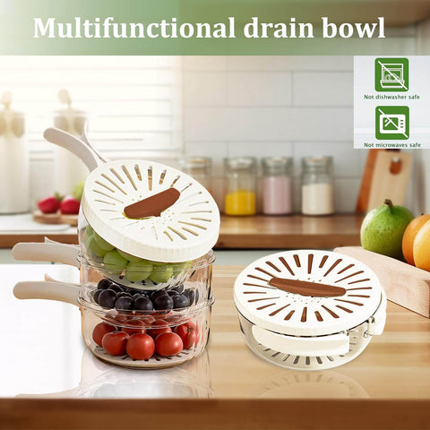 Two Pack Multifunctional Fruit Washing Bowl With Strainer 2 In 1 Drain Basket And Fruit Strainer Container With Lid on kitchen counter