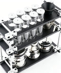 Single Dose Coffee Bean Container Coffee Station Organizer Rack with 8 Sealed Glass Vials, black metal structure and dosing funnel.