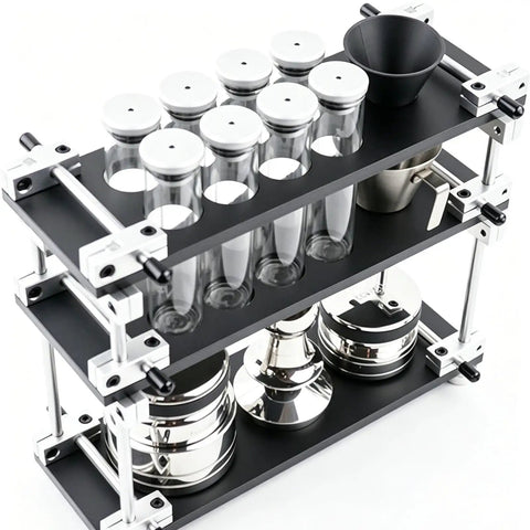 Single Dose Coffee Bean Container Coffee Station Organizer Rack with 8 Sealed Glass Vials, black metal structure and dosing funnel.