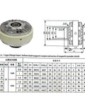 Diagram and specifications of hole type magnetic particle clutches built with rugged alloy for a smooth start and stop low shock engagement