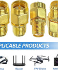 4 Pack SMA To RP SMA Coax Connector Adapter Kit Low Loss Gold Plated Brass Cables For Radio Antenna Audio Video Ham Radio Setup And Diy Projects Ideal For Antenna Masts CB Radios And Various Applications shown with applicable devices.
