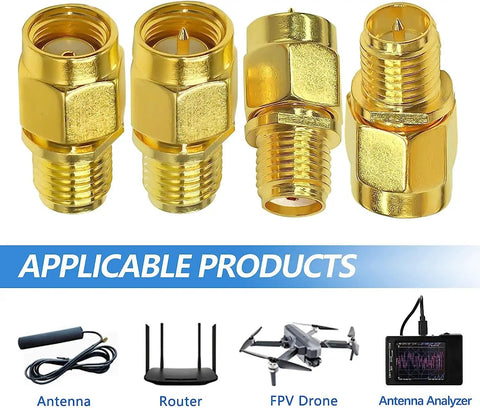 4 Pack SMA To RP SMA Coax Connector Adapter Kit Low Loss Gold Plated Brass Cables For Radio Antenna Audio Video Ham Radio Setup And Diy Projects Ideal For Antenna Masts CB Radios And Various Applications shown with applicable devices.