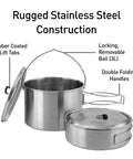 Two Pot Stainless Steel Camp Stove Set with Three Liter and One and a Half Liter Pots, vent holes, silicone coated tabs, and lids.