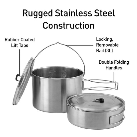 Two Pot Stainless Steel Camp Stove Set with Three Liter and One and a Half Liter Pots, vent holes, silicone coated tabs, and lids.