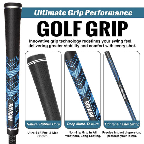 Golf club grip showcasing grip technology with natural rubber core, blue design, and text describing swing performance features.