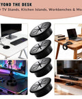 Slick Black Desk Grommet Kit Featuring Eight Two Inch Abs Covers And Soft Rubber Liners Plus Precision Hole Saw For Straight Up Clean Cord Organization On Office Furniture, displayed on desks and workspaces.