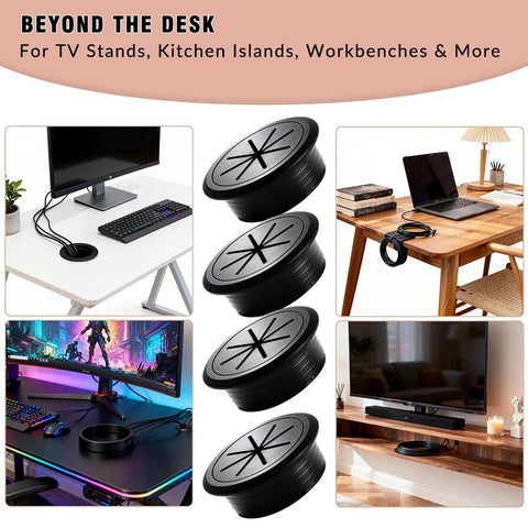 Slick Black Desk Grommet Kit Featuring Eight Two Inch Abs Covers And Soft Rubber Liners Plus Precision Hole Saw For Straight Up Clean Cord Organization On Office Furniture, displayed on desks and workspaces.