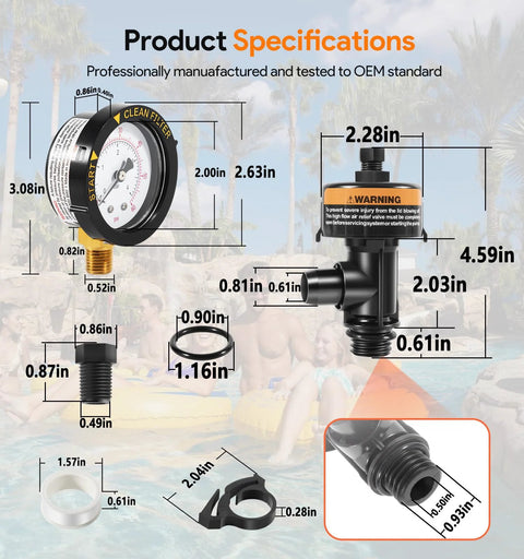 High-flow manual air relief valve with pressure gauge; top-mount for pool and spa filters, includes O-ring.