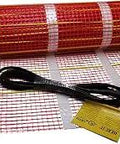 90 Sq Ft Self-Adhesive Electric Radiant Floor Heating Mat For Tile, Stone, And Wood Floors, Easy Install Underfloor Cable System, UL Listed Safety. Image shows a coiled mesh heating mat with attached cables, ready for installation.