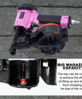 Badass 15 Degree Roofing Nailer With Smooth Low Recoil Design Built For Wire Collated Nails From Three Quarters To One And Three Quarters Inches showing magazine capacity and mechanism.