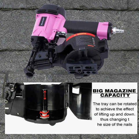 Badass 15 Degree Roofing Nailer With Smooth Low Recoil Design Built For Wire Collated Nails From Three Quarters To One And Three Quarters Inches showing magazine capacity and mechanism.
